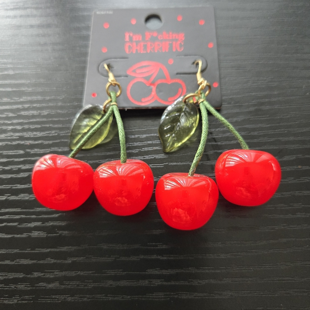 Hot Topic, 3D Cherry Drops Earrings, Red, Green, and Gold.